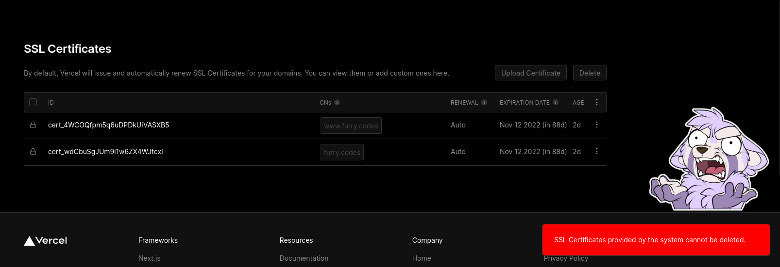 Vercel doesn’t allow you to delete system certificates